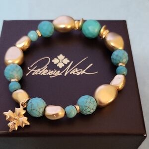 Patricia Nash Turquoise and Gold Beaded Stretch Bracelet